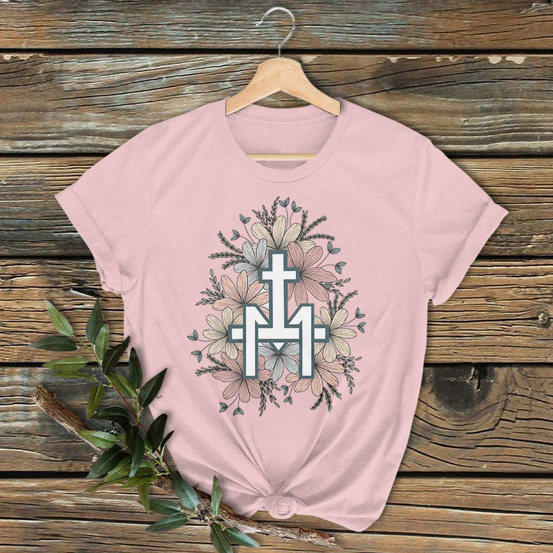 Christianartworkshop Klassisches, farbiges T-Shirt mit Blumenmuster und Marienkreuz, kurzärmlig, gewaschen - Rosa - 2XL - image 4