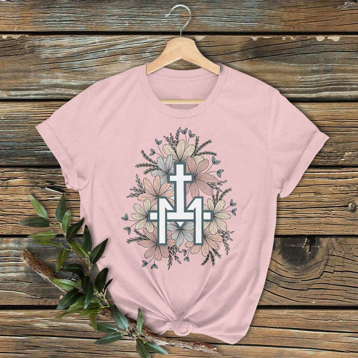 Christianartworkshop Klassisches, farbiges T-Shirt mit Blumenmuster und Marienkreuz, kurzärmlig, gewaschen - Rosa - 2XL - image 4