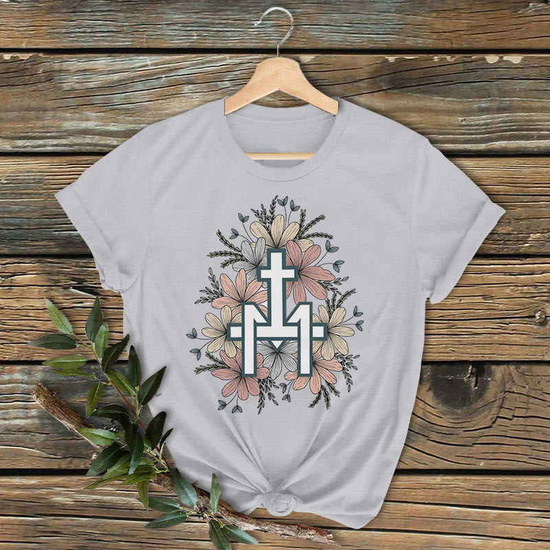 Christianartworkshop Klassisches, farbiges T-Shirt mit Blumenmuster und Marienkreuz, kurzärmlig, gewaschen - Grau - 2XL - image 3
