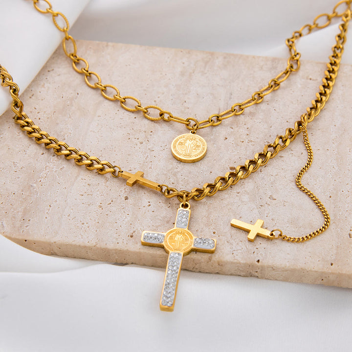 Christianartworkshop Mehrreihige Halskette im Stil des Heiligen Benedikt-Kreuz-Anhängers, gemischte Kette - image 1
