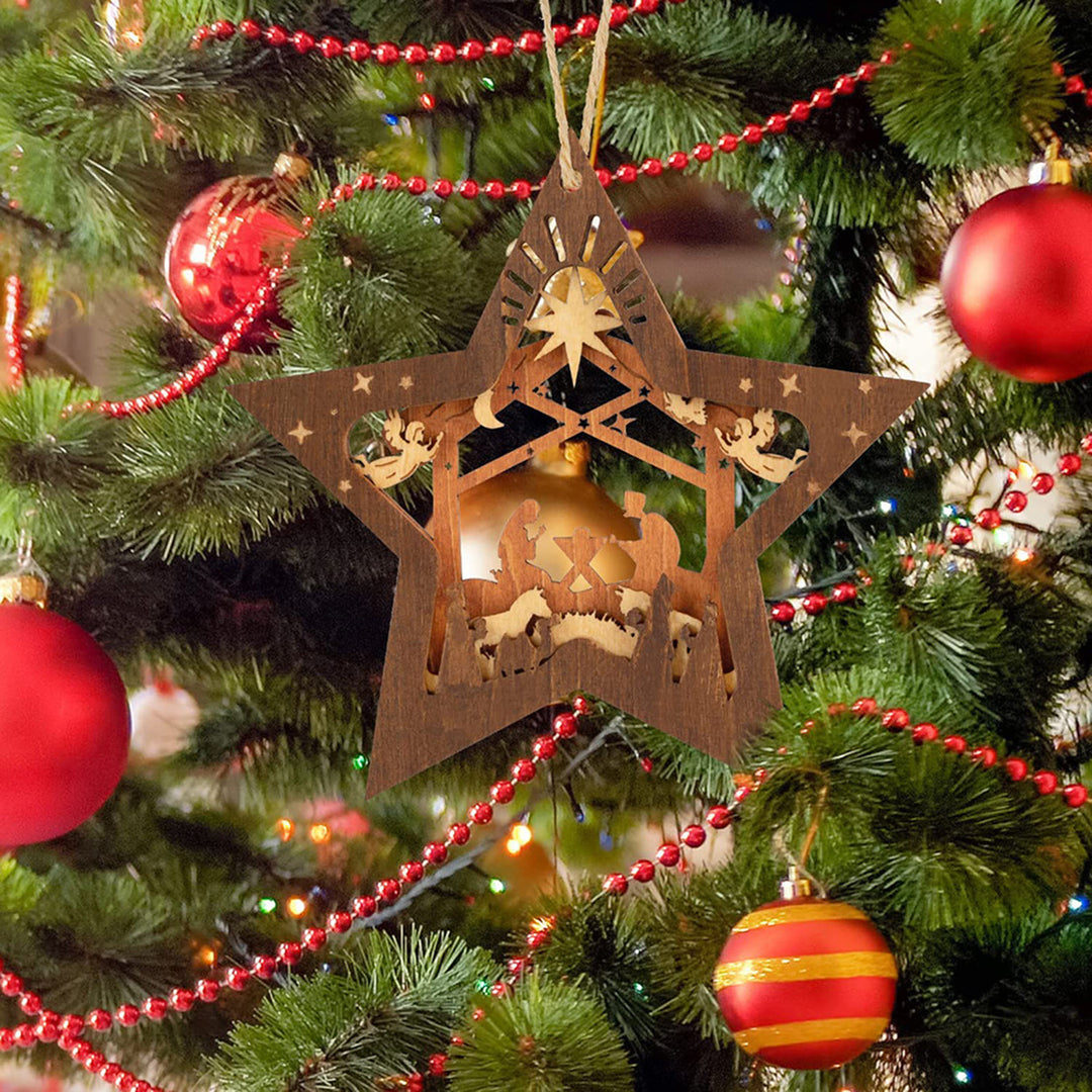 Christianartworkshop Rustikaler Stil, mehrschichtiger Holzanhänger, fünfzackiger Stern, Weihnachtskrippenschmuck - image 1