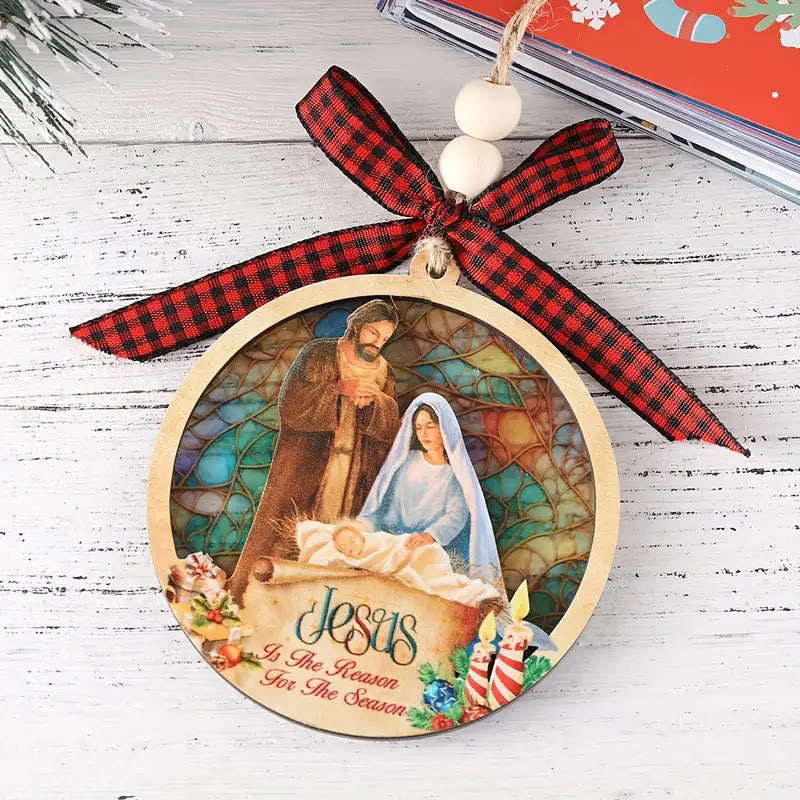 Christianartworkshop Rustikaler, farbiger Stil, mehrschichtiger Holzanhänger, Weihnachtskrippen-Ornamente - Weihnachtskrippe - image 0