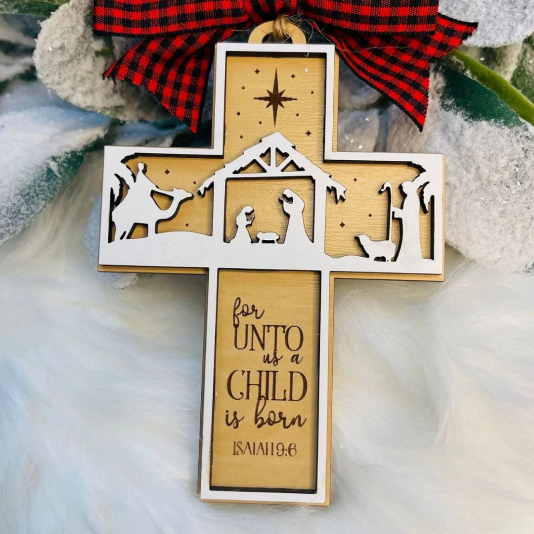 Christianartworkshop Kreuz-Ornamente im rustikalen Stil mit Zitat „Jesaja 9:6“, Weihnachtskrippen-Ornamente - Weihnachtskrippe - image 0