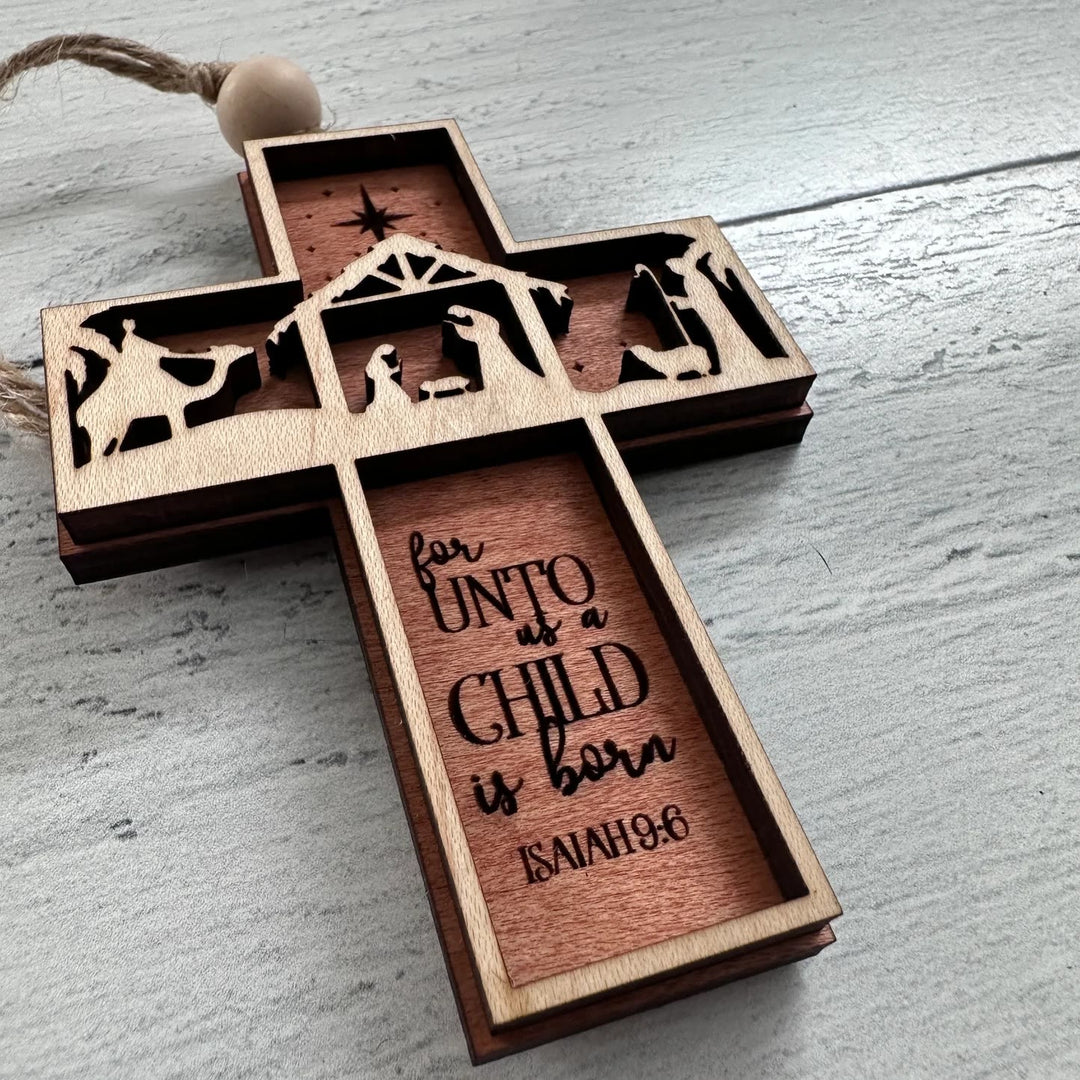 Christianartworkshop Kreuz-Ornamente im rustikalen Stil mit Zitat „Jesaja 9:6“, Weihnachtskrippen-Ornamente - image 2