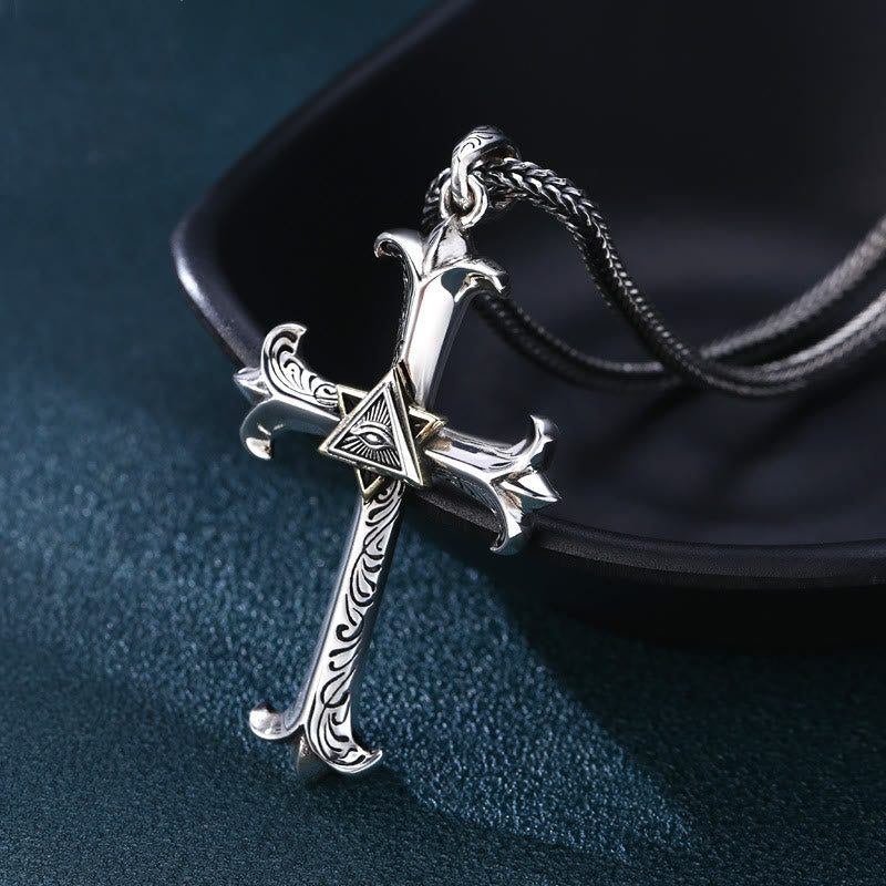 Christianartworkshop – Halskette mit Anhänger im schlichten Stil mit Kreuz des Auges Gottes, quadratisch, Perlenkette - Silber - image 1