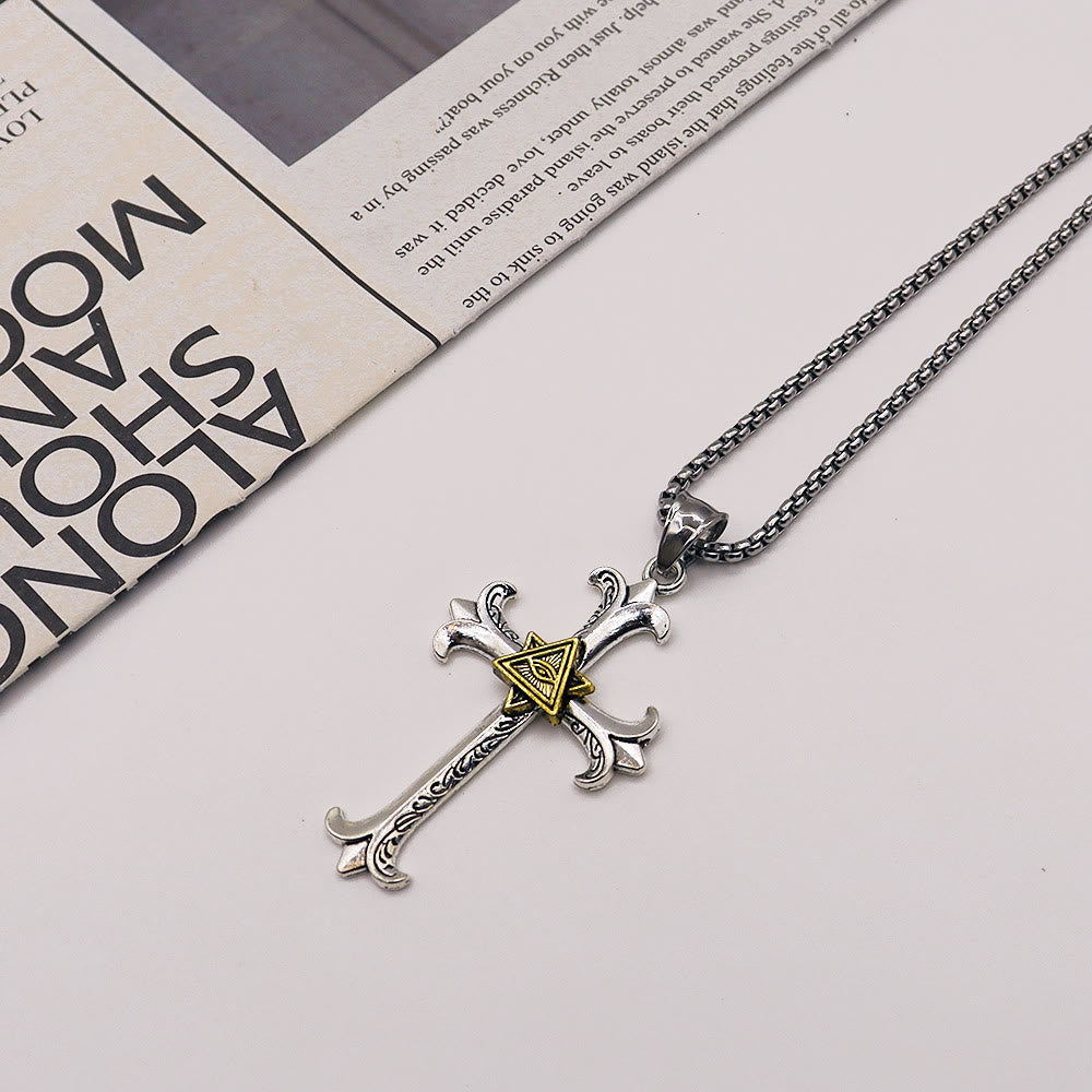 Christianartworkshop – Halskette mit Anhänger im schlichten Stil mit Kreuz des Auges Gottes, quadratisch, Perlenkette - Golden - image 7