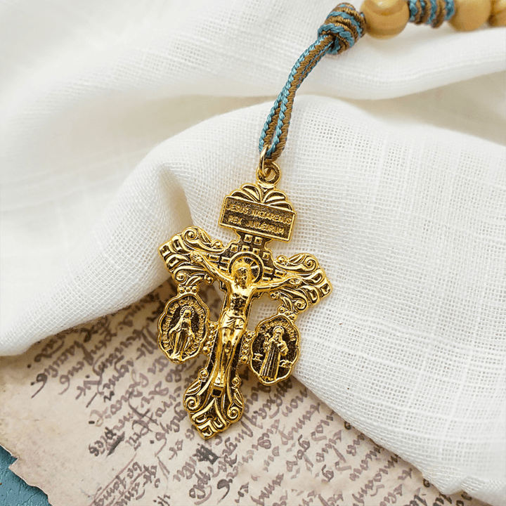 Christianartworkshop St. Benedikt-Medaille und Kruzifix aus 10 mm rundem goldenem Olivenholz mit Nylonkordel, Taschenrosenkranz - image 7