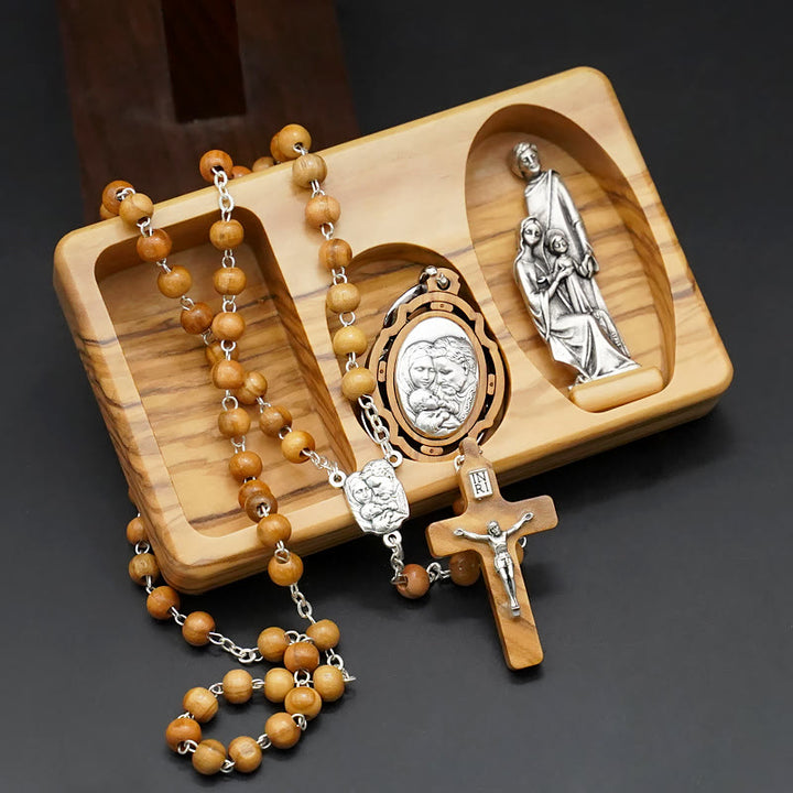 Christianartworkshop Handgefertigtes religiöses Andachts-Rosenkranz-Set der Heiligen Familie aus Olivenholz - Rosenkranzset Heilige Familie aus Olivenholz - image 1