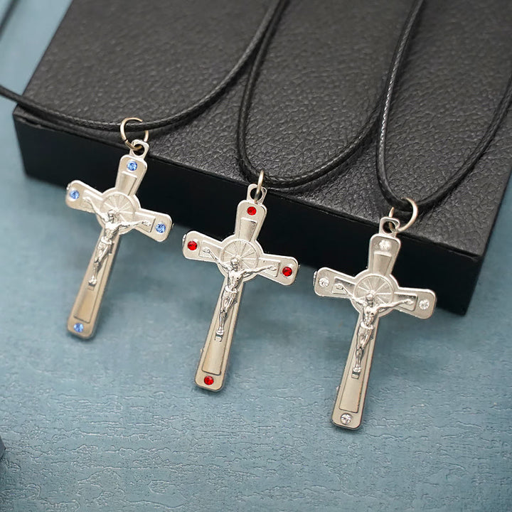 Christianartworkshop Halskette mit Kruzifix im klassischen Retro-Stil mit buntem Edelstein-Anhänger - Rot - image 1
