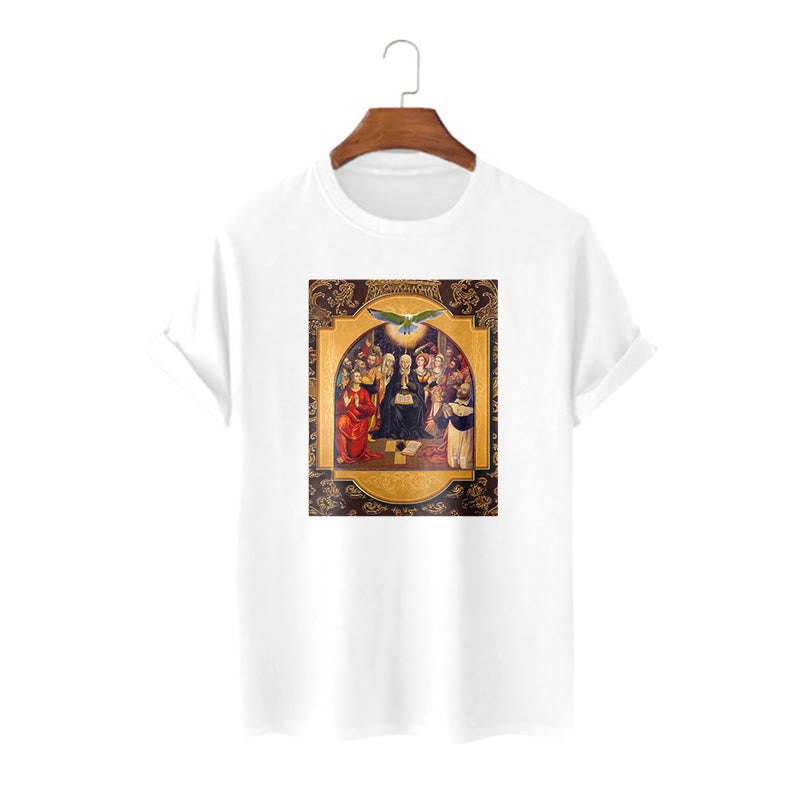 Christianartworkshop Klassisches Kurzarm-T-Shirt mit Motiven des Heiligen Geistes, der Apostel und der Heiligen Jungfrau Maria - Weiß - 2XL - image 4