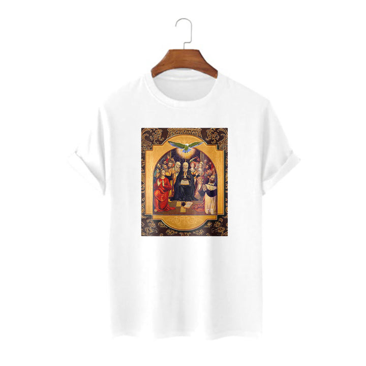 Christianartworkshop Klassisches T-Shirt mit Heiligen Geist, Aposteln, Jungfrau Maria, kurzärmelig, gewaschen - Weiß - 2XL - image 5