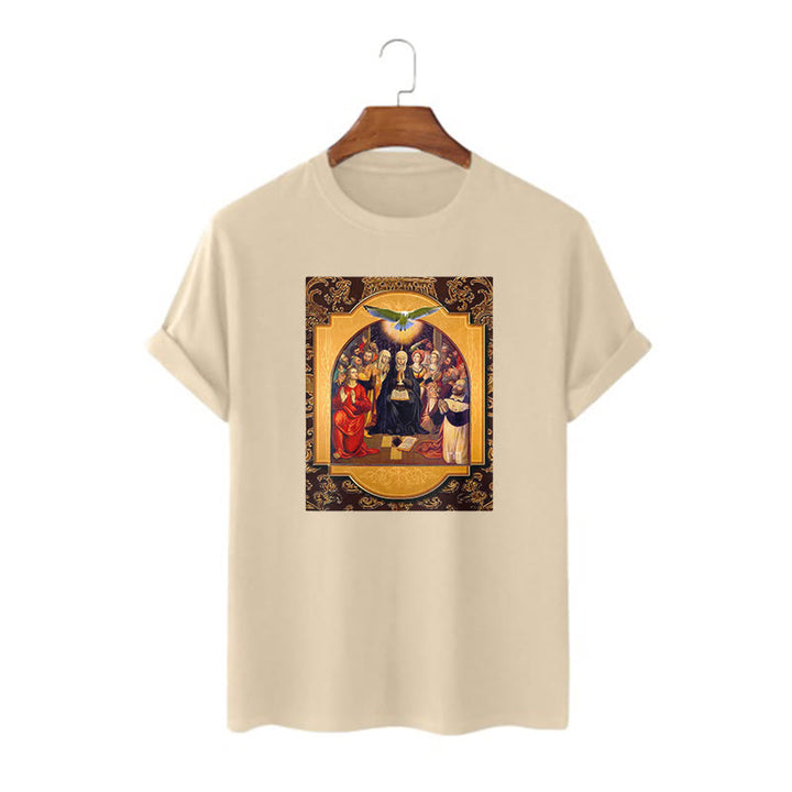 Christianartworkshop Klassisches Kurzarm-T-Shirt mit Motiven des Heiligen Geistes, der Apostel und der Heiligen Jungfrau Maria - Khaki - 2XL - image 7