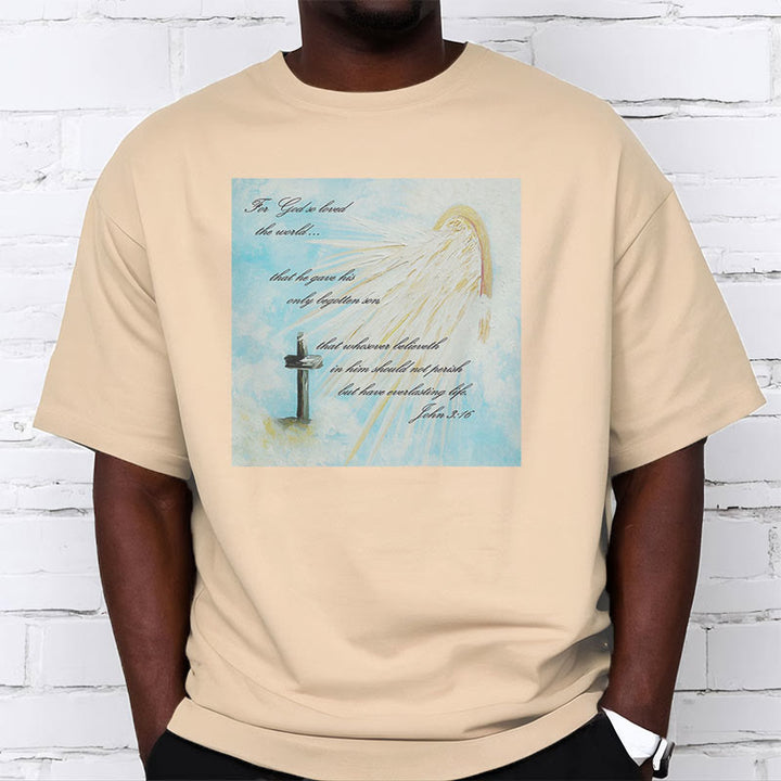 Christianartworkshop Klassisches T-Shirt mit kurzärmeligem Aufdruck „For God so Loved the World“, gewaschen - image 10