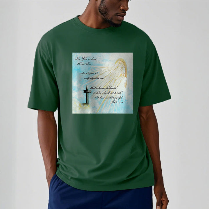 Christianartworkshop Klassisches T-Shirt mit kurzärmeligem Aufdruck „For God so Loved the World“, gewaschen - image 12