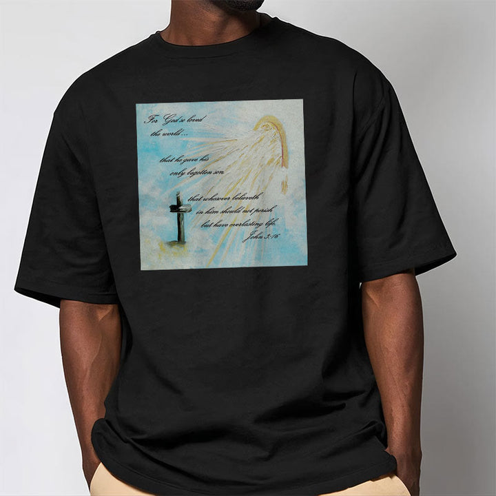 Christianartworkshop Klassisches T-Shirt mit kurzärmeligem Aufdruck „For God so Loved the World“, gewaschen - image 8