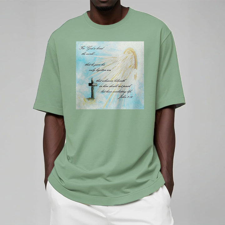Christianartworkshop Klassisches T-Shirt mit kurzärmeligem Aufdruck „For God so Loved the World“, gewaschen - image 14
