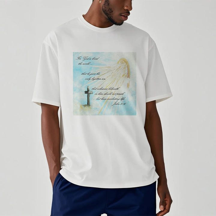Christianartworkshop Klassisches T-Shirt mit kurzärmeligem Aufdruck „For God so Loved the World“, gewaschen - image 4