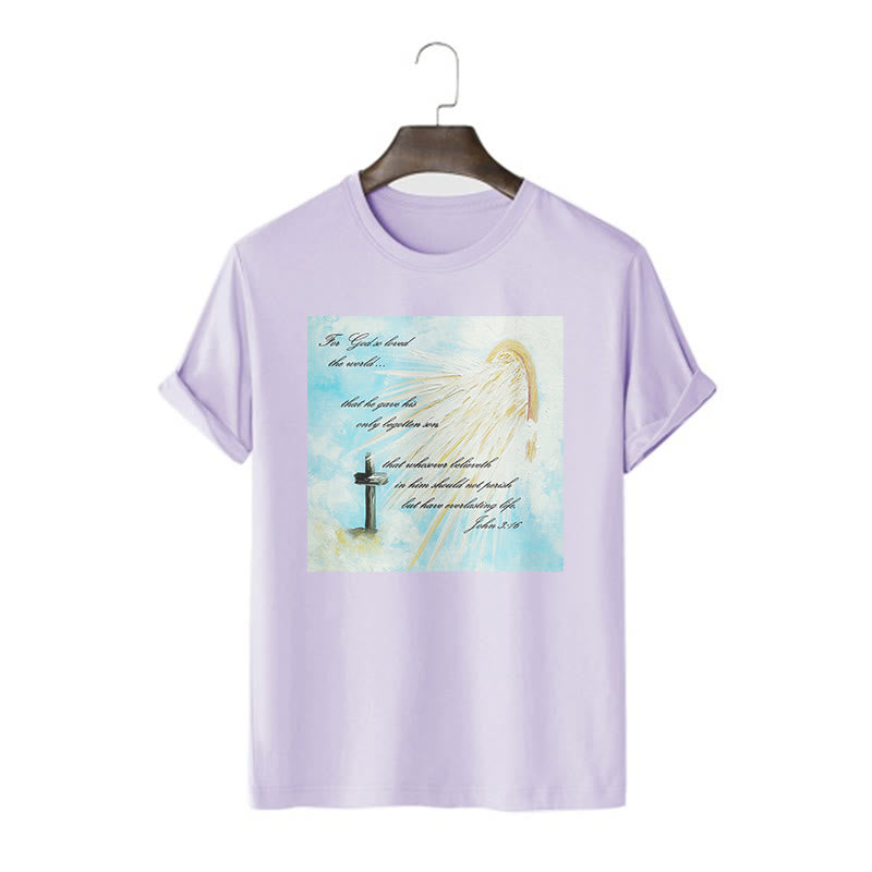 Christianartworkshop Klassischer Stil Kurzarm-T-Shirt „So sehr hat Gott die Welt geliebt“ - Lila - 2XL - image 16