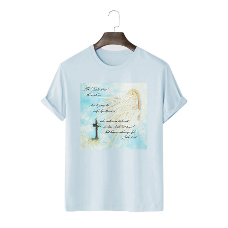 Christianartworkshop Klassischer Stil Kurzarm-T-Shirt „So sehr hat Gott die Welt geliebt“ - Blau - 2XL - image 0