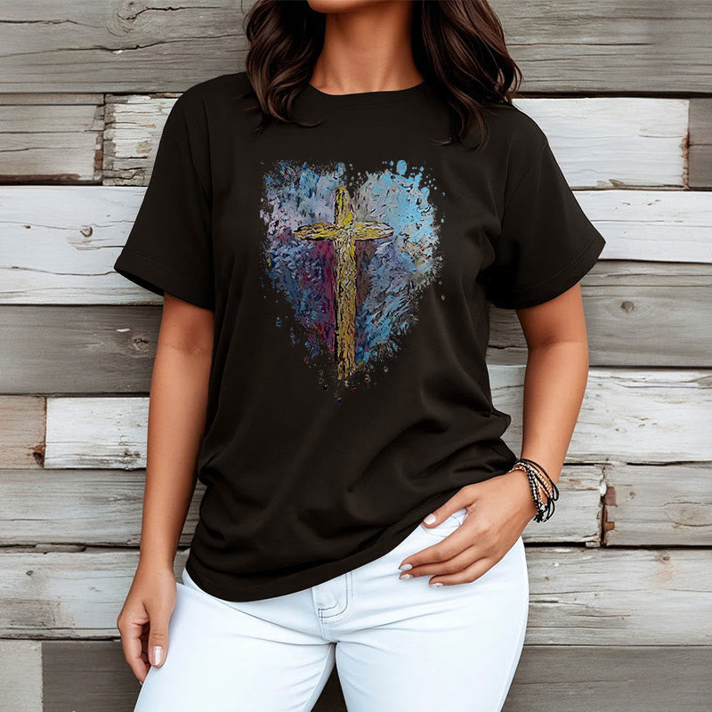 Christianartworkshop Klassisches T-Shirt mit kurzen Ärmeln und verwaschenem Motiv „Cross my Heart“ - image 5