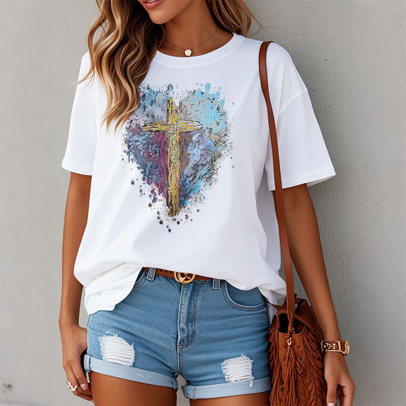 Christianartworkshop Klassisches T-Shirt mit kurzen Ärmeln und verwaschenem Motiv „Cross my Heart“ - image 2