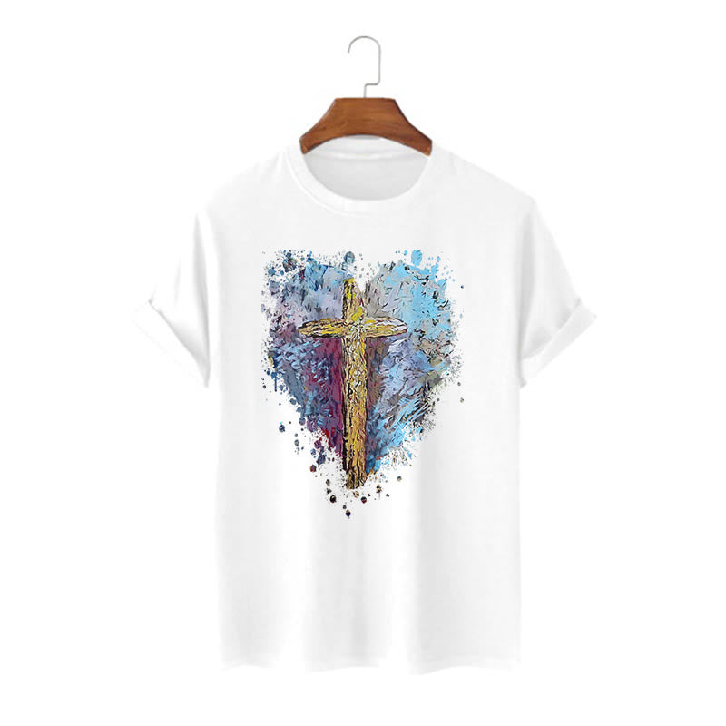 Christianartworkshop Klassisches T-Shirt mit kurzen Ärmeln und verwaschenem Motiv „Cross my Heart“ - Weiß - 2XL - image 1