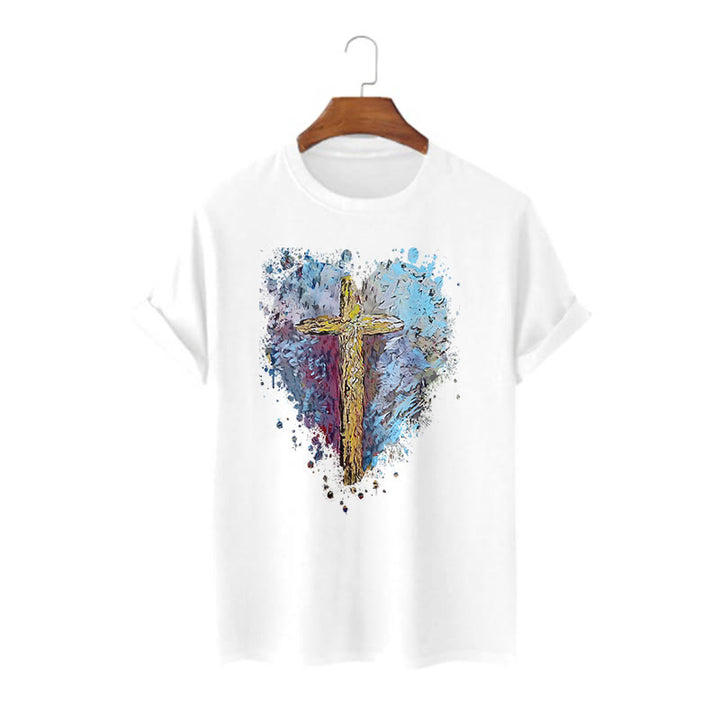 Christianartworkshop Klassisches T-Shirt mit kurzen Ärmeln und verwaschenem Motiv „Cross my Heart“ - Weiß - 2XL - image 1