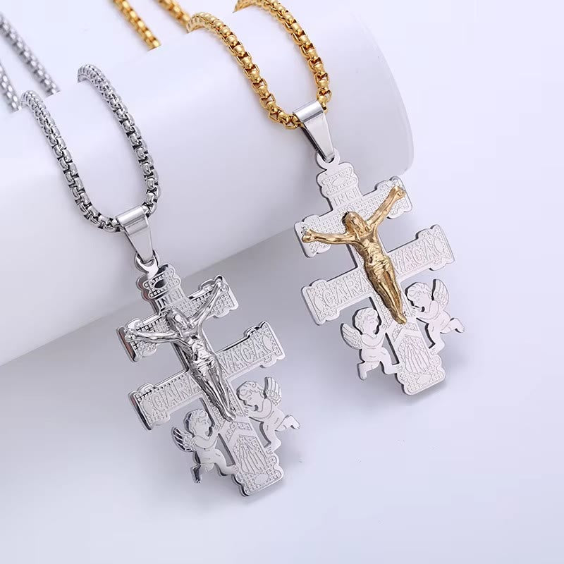 Christianartworkshop Halskette mit Anhänger im klassischen Retro-Stil mit Kruzifix und Engeln - Silber-Gold - image 1