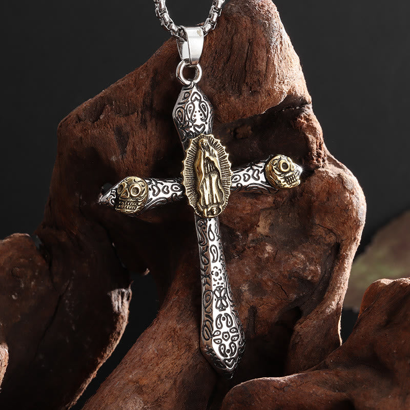 Christianartworkshop Halskette im klassischen Retro-Stil mit Kruzifix und Anhänger Unserer Lieben Frau von Guadalupe