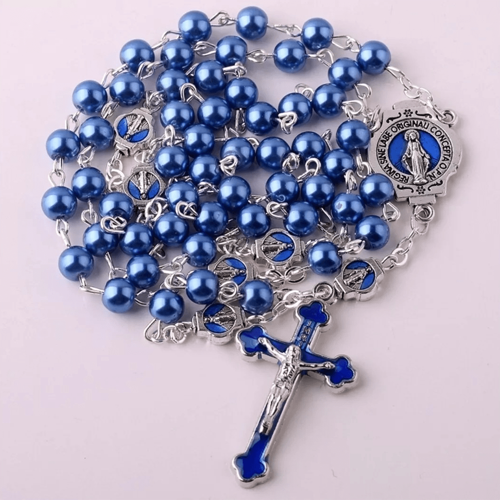 Christianartworkshop Wundertätige Medaille und Kruzifix aus 6 mm runder blauer Glaslegierungskette mit Rosenkranz - image 4