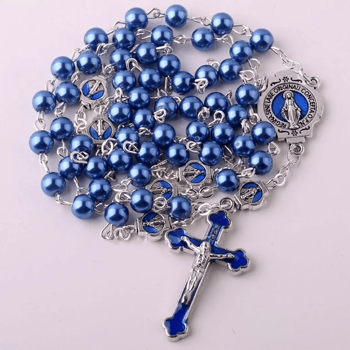 Christianartworkshop Wundertätige Medaille und Kruzifix aus 6 mm runder blauer Glaslegierungskette mit Rosenkranz - image 4