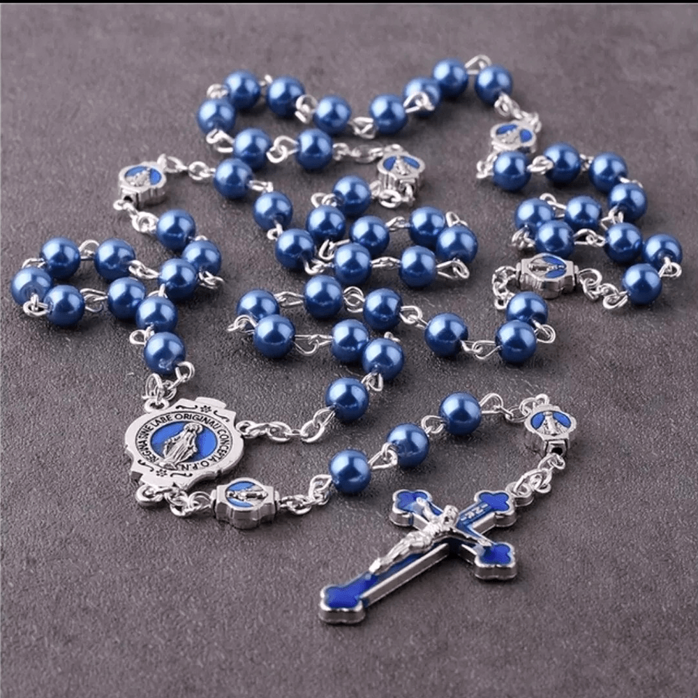 Christianartworkshop Wundertätige Medaille und Kruzifix aus 6 mm runder blauer Glaslegierungskette mit Rosenkranz - image 3