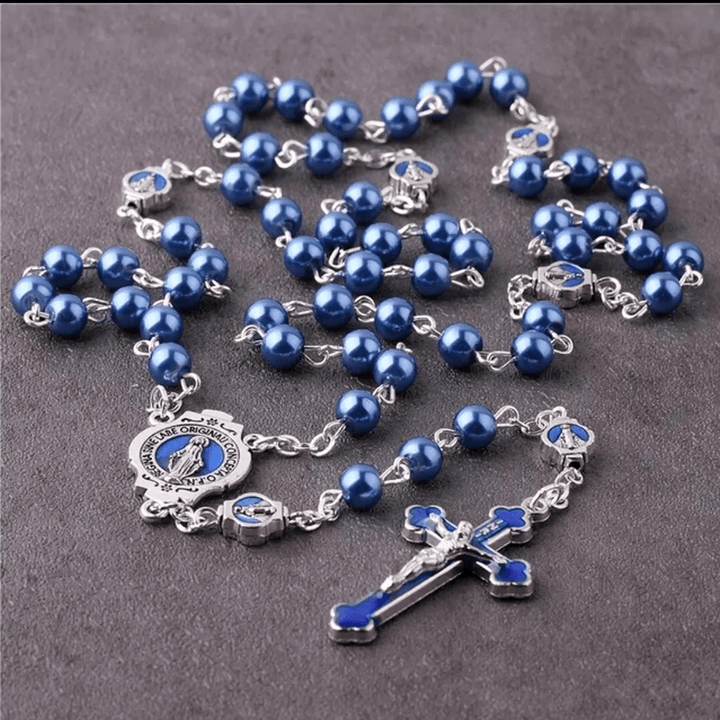 Christianartworkshop Wundertätige Medaille und Kruzifix aus 6 mm runder blauer Glaslegierungskette mit Rosenkranz - image 3