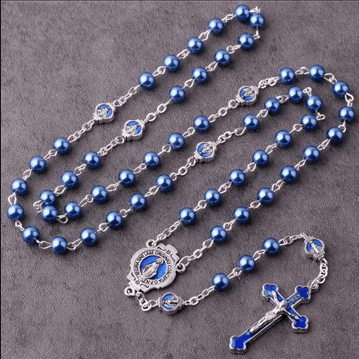 Christianartworkshop Wundertätige Medaille und Kruzifix aus 6 mm runder blauer Glaslegierungskette mit Rosenkranz - image 2