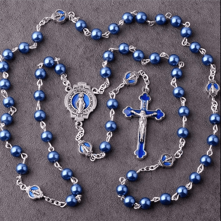 Christianartworkshop Wundertätige Medaille und Kruzifix aus 6 mm runder blauer Glaslegierungskette mit Rosenkranz - Blau - image 1
