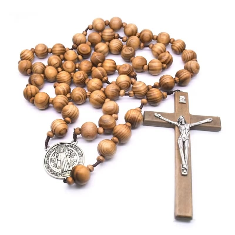 Christianartworkshop St. Benedikt-Medaille und Kruzifix aus 15 mm rundem braunem Holz mit Nylonschnur zum Aufhängen an der Wand, Rosenkranz - image 3