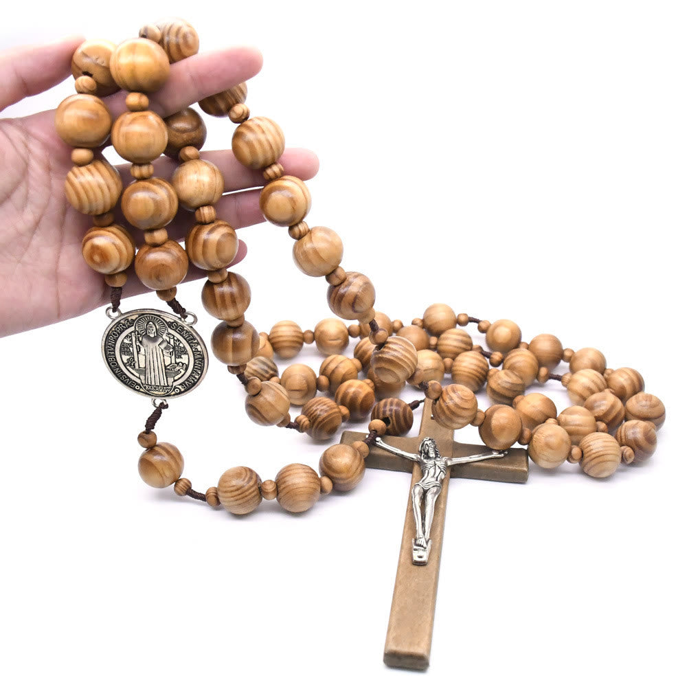 Christianartworkshop St. Benedikt-Medaille und Kruzifix aus 15 mm rundem braunem Holz mit Nylonschnur zum Aufhängen an der Wand, Rosenkranz - image 5