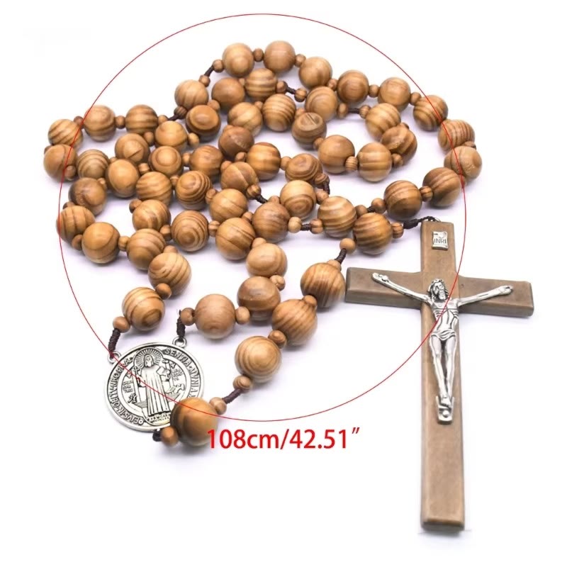 Christianartworkshop St. Benedikt-Medaille und Kruzifix aus 15 mm rundem braunem Holz mit Nylonschnur zum Aufhängen an der Wand, Rosenkranz - image 6