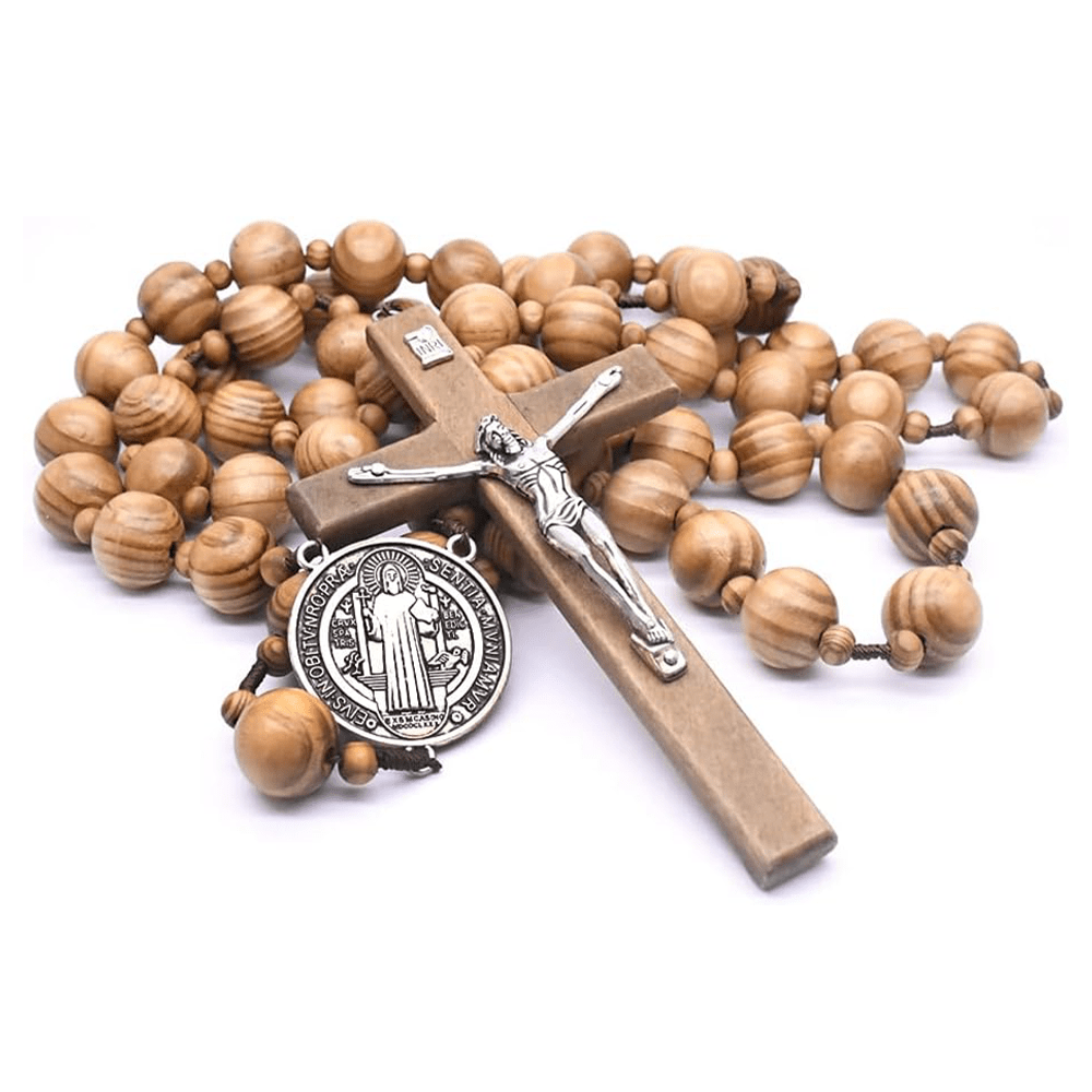 Christianartworkshop St. Benedikt-Medaille und Kruzifix aus 15 mm rundem braunem Holz mit Nylonschnur zum Aufhängen an der Wand, Rosenkranz - Braun - image 1