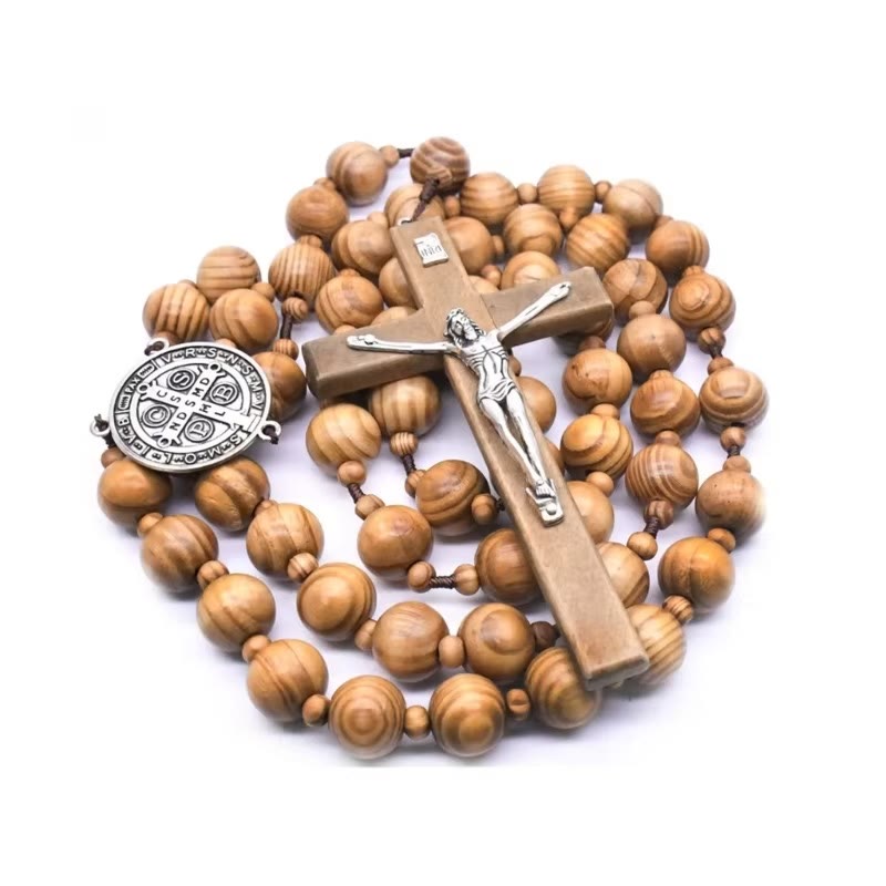 Christianartworkshop St. Benedikt-Medaille und Kruzifix aus 15 mm rundem braunem Holz mit Nylonschnur zum Aufhängen an der Wand, Rosenkranz - image 2