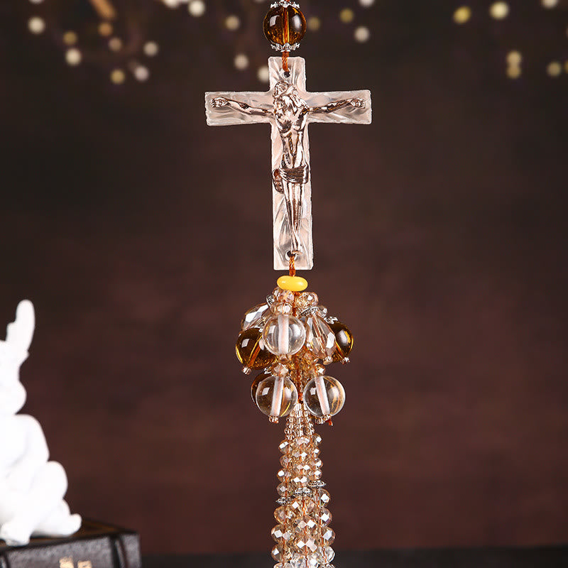 Christianartworkshop Autoanhänger im modernen Stil, handgefertigt, Kruzifix, Kristallquasten, Auto-Ornamente zum Aufhängen  - Kruzifix-Perlenanhänger - image 3
