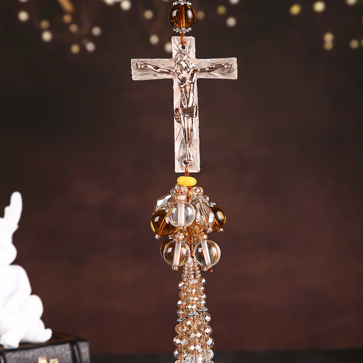 Christianartworkshop Autoanhänger im modernen Stil, handgefertigt, Kruzifix, Kristallquasten, Auto-Ornamente zum Aufhängen  - Kruzifix-Perlenanhänger - image 4