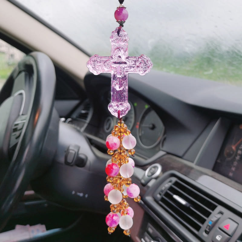 Christianartworkshop Autoanhänger im modernen Stil, handgefertigt, Kruzifix, Kristallquasten, Auto-Ornamente zum Aufhängen  - Rosa Perlenanhänger - image 9
