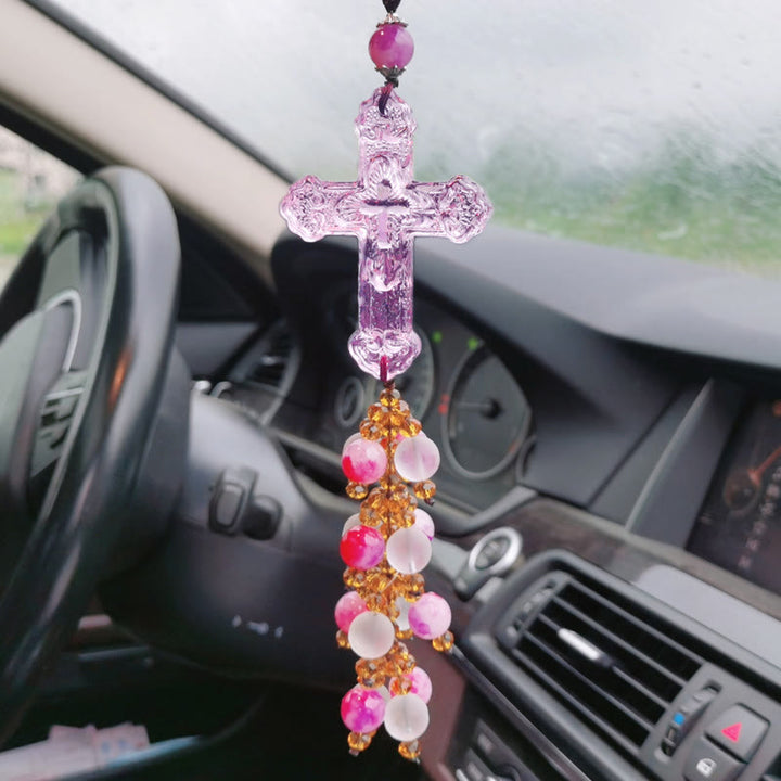 Christianartworkshop Autoanhänger im modernen Stil, handgefertigt, Kruzifix, Kristallquasten, Auto-Ornamente zum Aufhängen  - Rosa Perlenanhänger - image 9