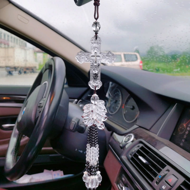 Christianartworkshop Autoanhänger im modernen Stil, handgefertigt, Kruzifix, Kristallquasten, Auto-Ornamente zum Aufhängen  - Anhänger mit transparenten Perlen - image 11