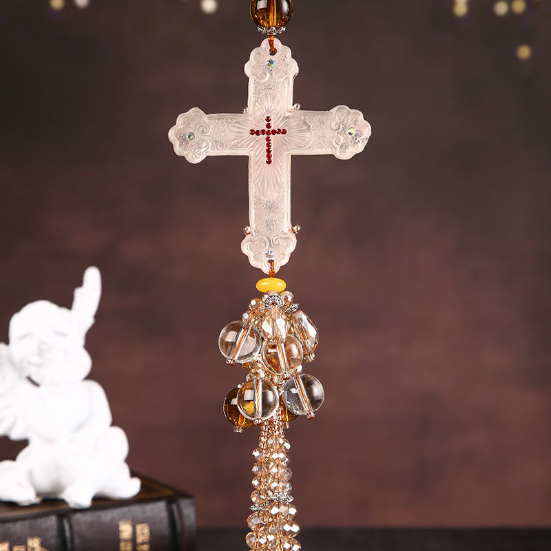 Christianartworkshop Autoanhänger im modernen Stil, handgefertigt, Kruzifix, Kristallquasten, Auto-Ornamente zum Aufhängen  - Weißer Perlenanhänger - image 2