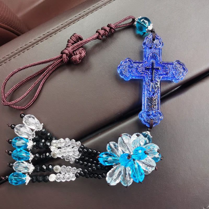Christianartworkshop Autoanhänger im modernen Stil, handgefertigt, Kruzifix, Kristallquasten, Auto-Ornamente zum Aufhängen  - Blauer Perlenanhänger - image 10