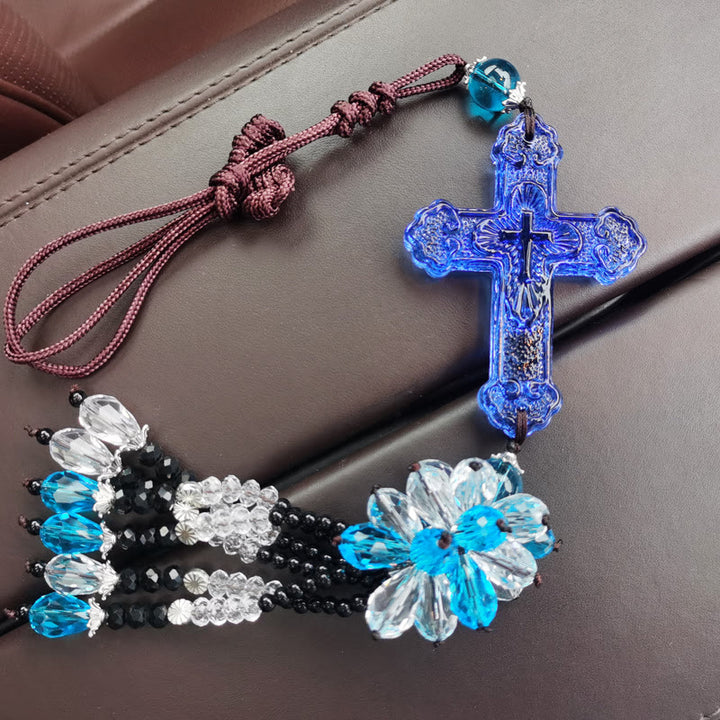 Christianartworkshop Autoanhänger im modernen Stil, handgefertigt, Kruzifix, Kristallquasten, Auto-Ornamente zum Aufhängen  - Blauer Perlenanhänger - image 10