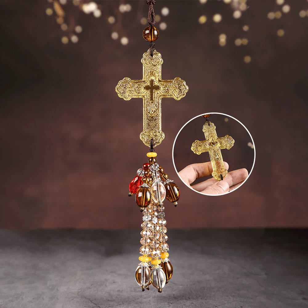 Christianartworkshop Autoanhänger im modernen Stil, handgefertigt, Kruzifix, Kristallquasten, Auto-Ornamente zum Aufhängen  - Goldener Perlenanhänger - image 1