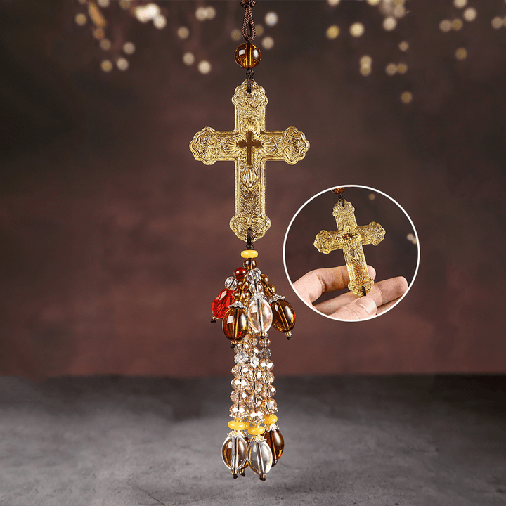 Christianartworkshop Autoanhänger im modernen Stil, handgefertigt, Kruzifix, Kristallquasten, Auto-Ornamente zum Aufhängen  - Goldener Perlenanhänger - image 1